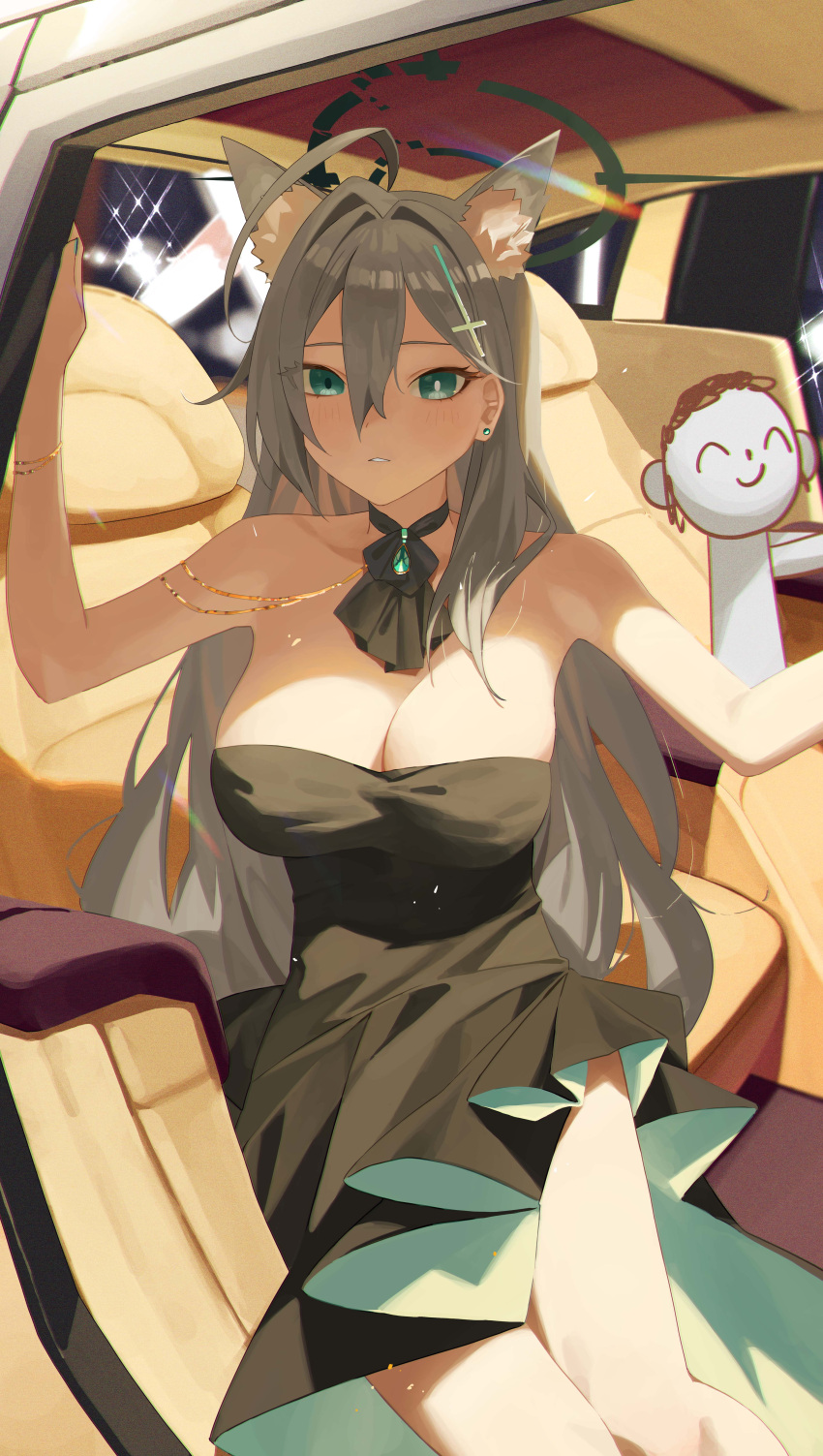 1girl 1other absurdres ahoge alternate_costume animal_ear_fluff animal_ears aqua_eyes arona's_sensei_doodle_(blue_archive) bare_legs bare_shoulders black_dress blue_archive blush breasts car_interior cleavage dress feet_out_of_frame grey_hair hair_between_eyes halo highres large_breasts long_hair mismatched_pupils mm_(mhm2592) sensei_(blue_archive) shiroko_(blue_archive) shiroko_terror_(blue_archive) strapless strapless_dress very_long_hair wolf_ears