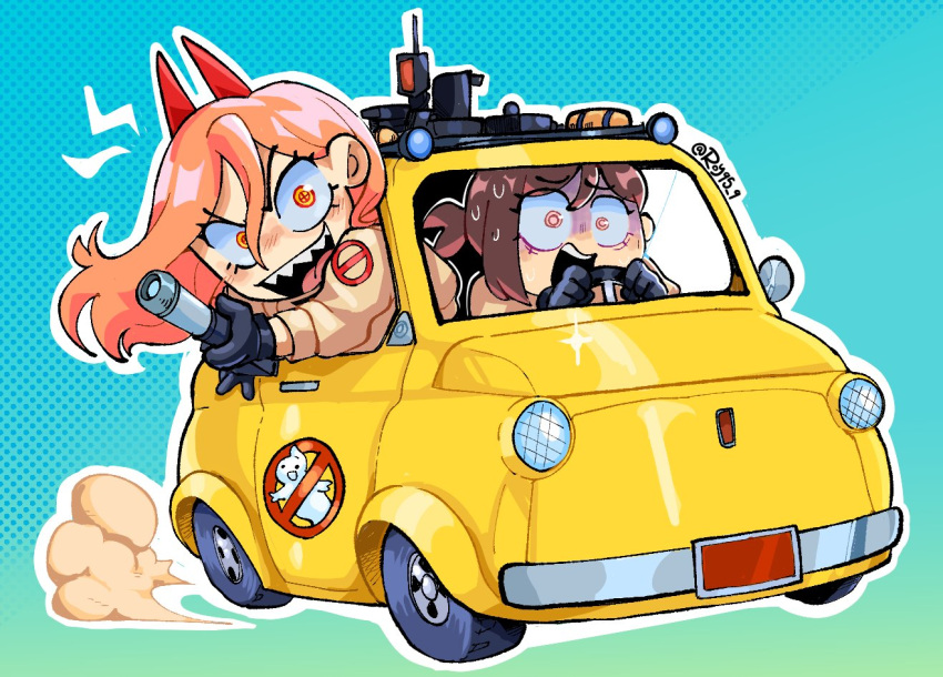 2girls artist_name black_gloves car chainsaw_man chibi crossover fang fiat_500 ghostbusters ghostbusters_uniform gloves hair_between_eyes higashiyama_kobeni horns motor_vehicle multiple_girls open_mouth power_(chainsaw_man) proton_pack roy95 simple_background smile teeth tongue twitter_username uniform vehicle_focus yellow_car
