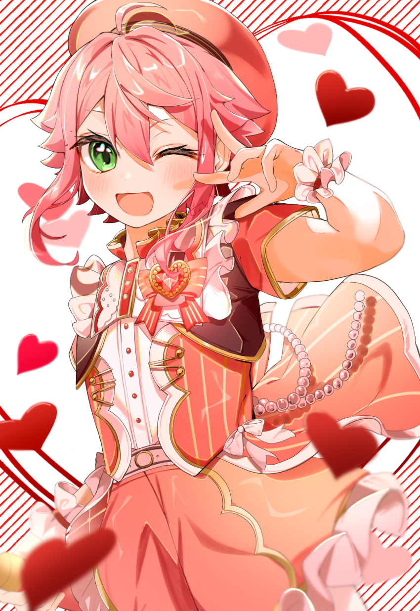 1boy androgynous blush ensemble_stars! eyelashes green_eyes heart highres himemiya_tori inana male_focus multicolored_background one_eye_closed open_mouth pink_hair pink_headwear pink_shorts pink_vest red_background shirt short_hair shorts smile solo tailcoat vest white_background white_shirt