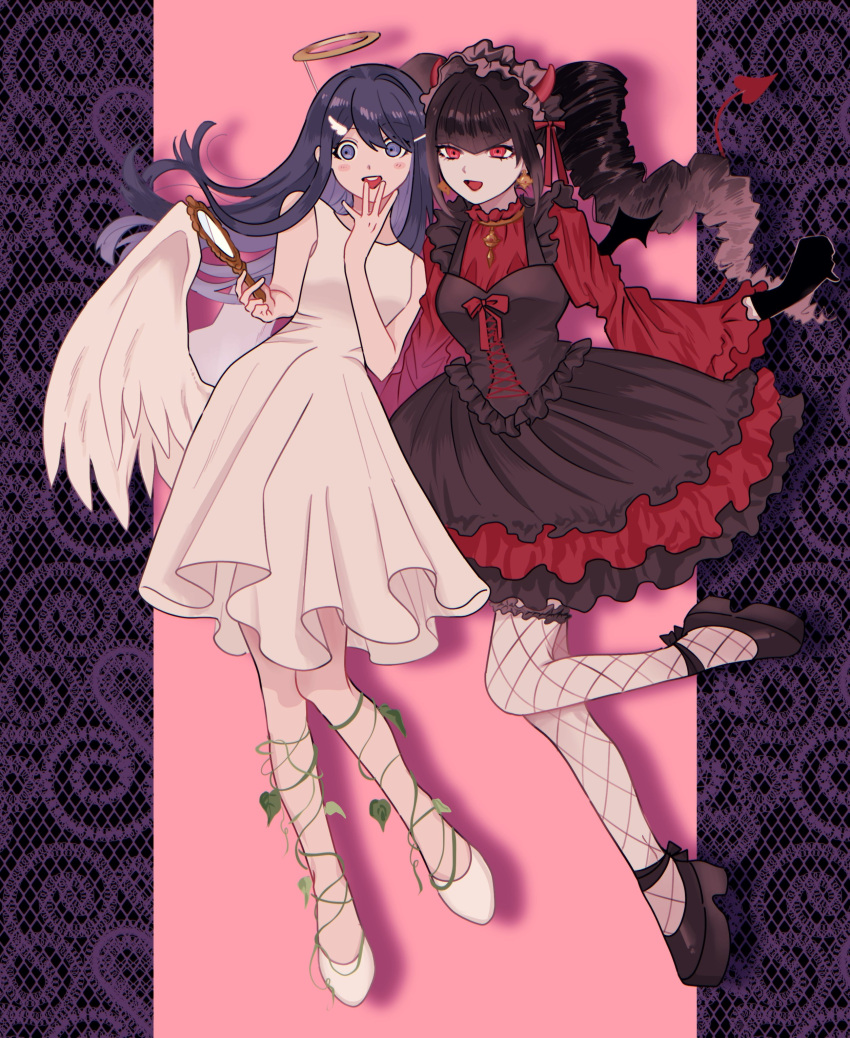 2girls :d absurdres alternate_costume angel_and_devil angel_wings bare_arms bare_shoulders black_dress black_footwear black_hair blunt_bangs breasts celestia_ludenberg danganronpa:_trigger_happy_havoc danganronpa_(series) demon_tail dress drill_hair fake_halo fake_horns fake_tail fishnet_thighhighs fishnets hair_ornament hairclip halloween_costume halo headdress highres holding holding_mirror horns kneehighs large_breasts long_hair maizono_sayaka mirror multicolored_background multiple_girls okonomiyakiyyy1 red_dress red_eyes red_tail smile socks tail teeth thighhighs twin_drills twintails upper_teeth_only white_dress wing_hair_ornament wings