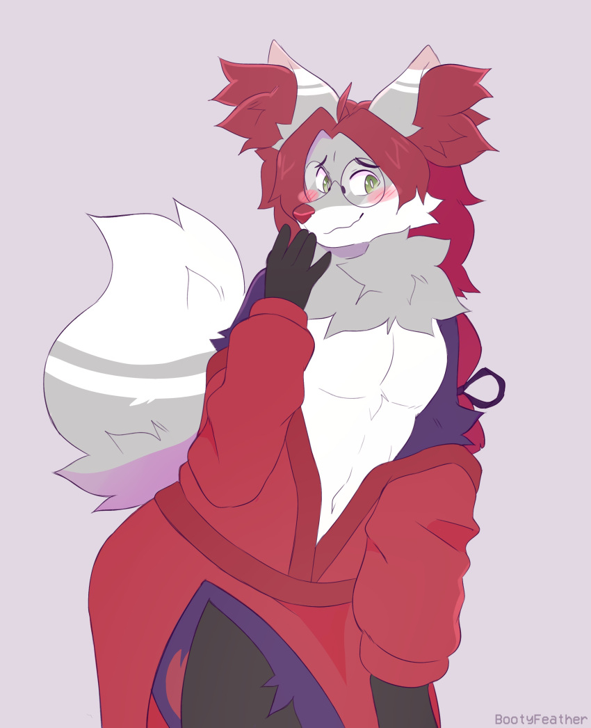 2022 absurd_res anthro black_body black_fur blush blush_lines bootyfeather clothed clothing delphox dipstick_ears dipstick_tail fur generation_6_pokemon green_eyes grey_background grey_body grey_fur hair half-length_portrait hand_on_mouth hi_res inner_ear_fluff looking_away male markings multicolored_body multicolored_ears multicolored_fur neck_tuft nintendo open_clothing open_robe pokemon pokemon_(species) portrait purple_body purple_fur red_body red_clothing red_fur red_hair red_nose red_robe robe shiny_pokemon simple_background smile solo tail tail_markings tuft white_body white_fur