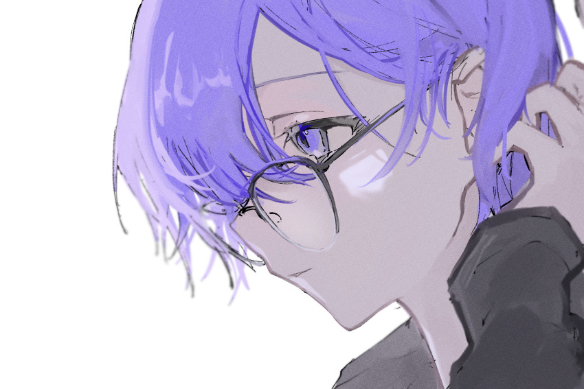 1girl black_shirt commentary glasses hair_behind_ear hair_tucking highres kajiwara_3 long_sleeves original over-rim_eyewear parted_lips portrait profile purple_eyes purple_hair semi-rimless_eyewear shirt short_hair simple_background solo white_background