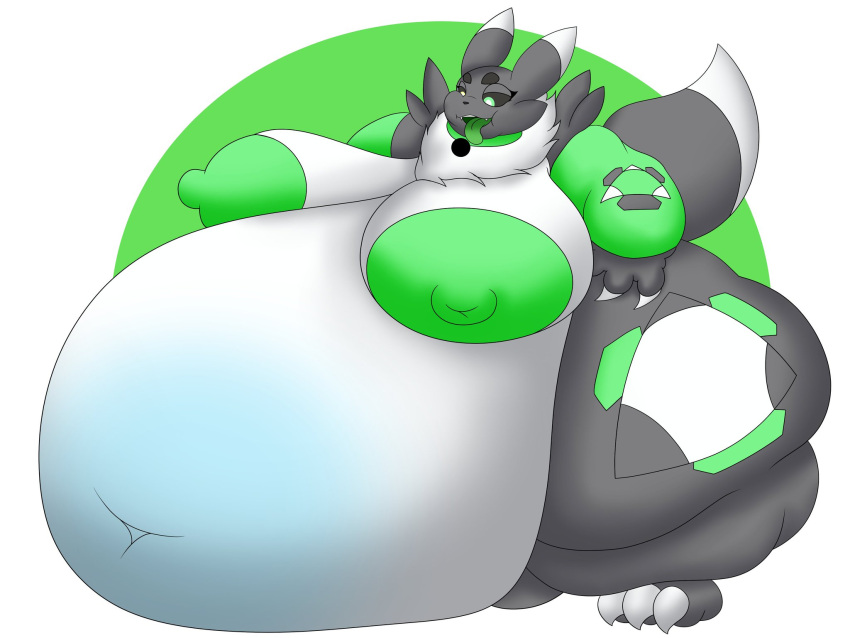 anthro bandai_namco belly big_belly big_breasts breasts digimon digimon_(species) digiwolx_(character) eeveelution female female/female generation_4_pokemon glaceon green_nipples hi_res nintendo nipples overweight pokemon pokemon_(species) renamon solo vlea vlea_(vglaceon) vore weight_gain