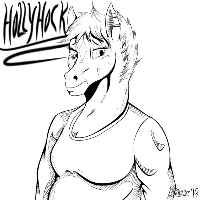 2019 anthro belly bojack_horseman breasts chubby_anthro chubby_female clothing ear_piercing ear_ring ears_up equid equine female frown fur hair half-closed_eyes half-length_portrait hi_res hollyhock_(bojack_horseman) horse looking_aside looking_away mammal marcushunter mouth_closed narrowed_eyes netflix piercing portrait ring_piercing shirt signature sleveless_shirt slightly_chubby solo text topwear