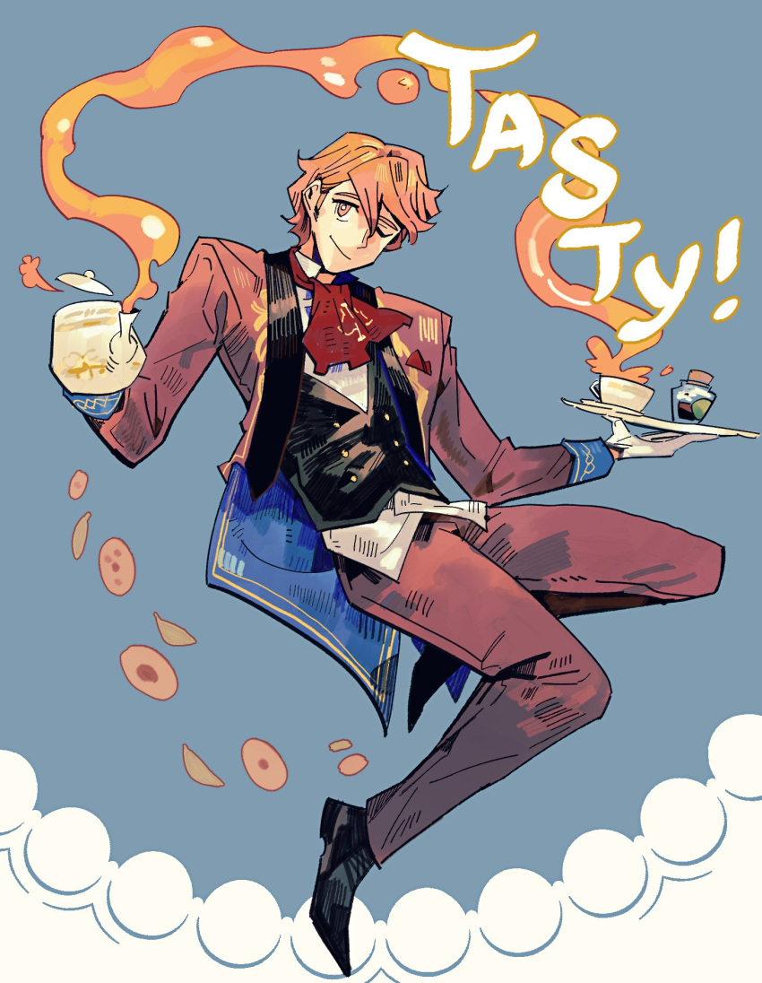 cup ferdinand_von_aegir ferdinand_von_aegir_(tea_party) fire_emblem fire_emblem:_three_houses fire_emblem_heroes highres holding holding_cup looking_at_viewer moogyoza official_alternate_costume one_eye_closed orange_eyes orange_hair smile teacup