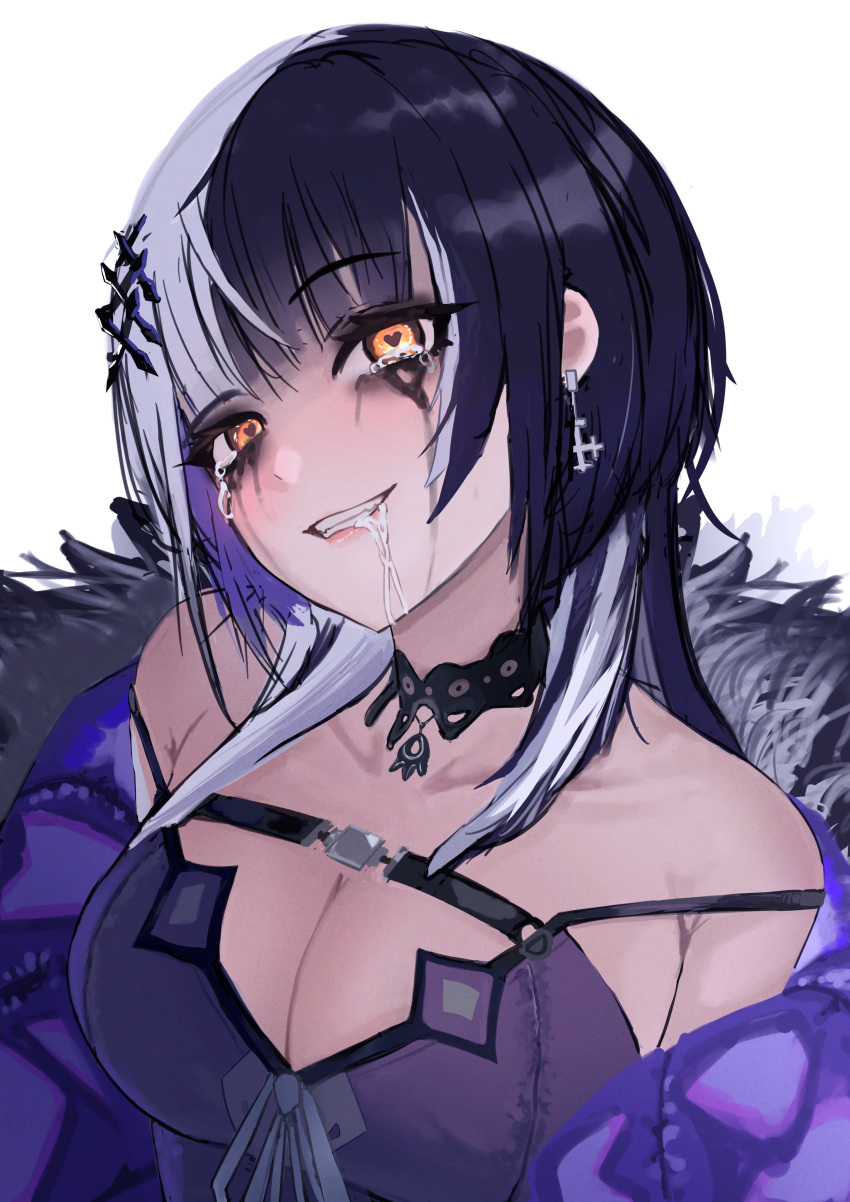 1girl absurdres black_choker black_hair breasts chest_strap choker cleavage coat cross cross_earrings crying crying_with_eyes_open drooling earrings fur-trimmed_coat fur_trim heart heart-shaped_pupils highres hololive hololive_english jewelry lace-trimmed_choker lace_trim large_breasts long_hair looking_at_viewer multicolored_hair otapic runny_makeup saliva shiori_novella single_earring smile solo split-color_hair symbol-shaped_pupils tears teeth virtual_youtuber white_background white_hair yellow_eyes