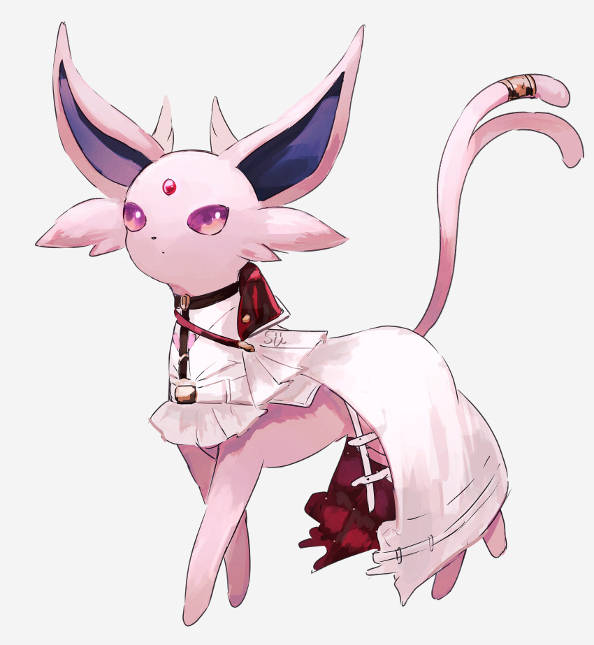 absurdres animal_focus clothed_pokemon commentary_request crinoline dot_mouth dot_nose espeon forked_tail gem highres leash no_humans pokemon pokemon_(creature) purple_eyes red_gemstone simple_background su_(sajo_su5) tail white_background