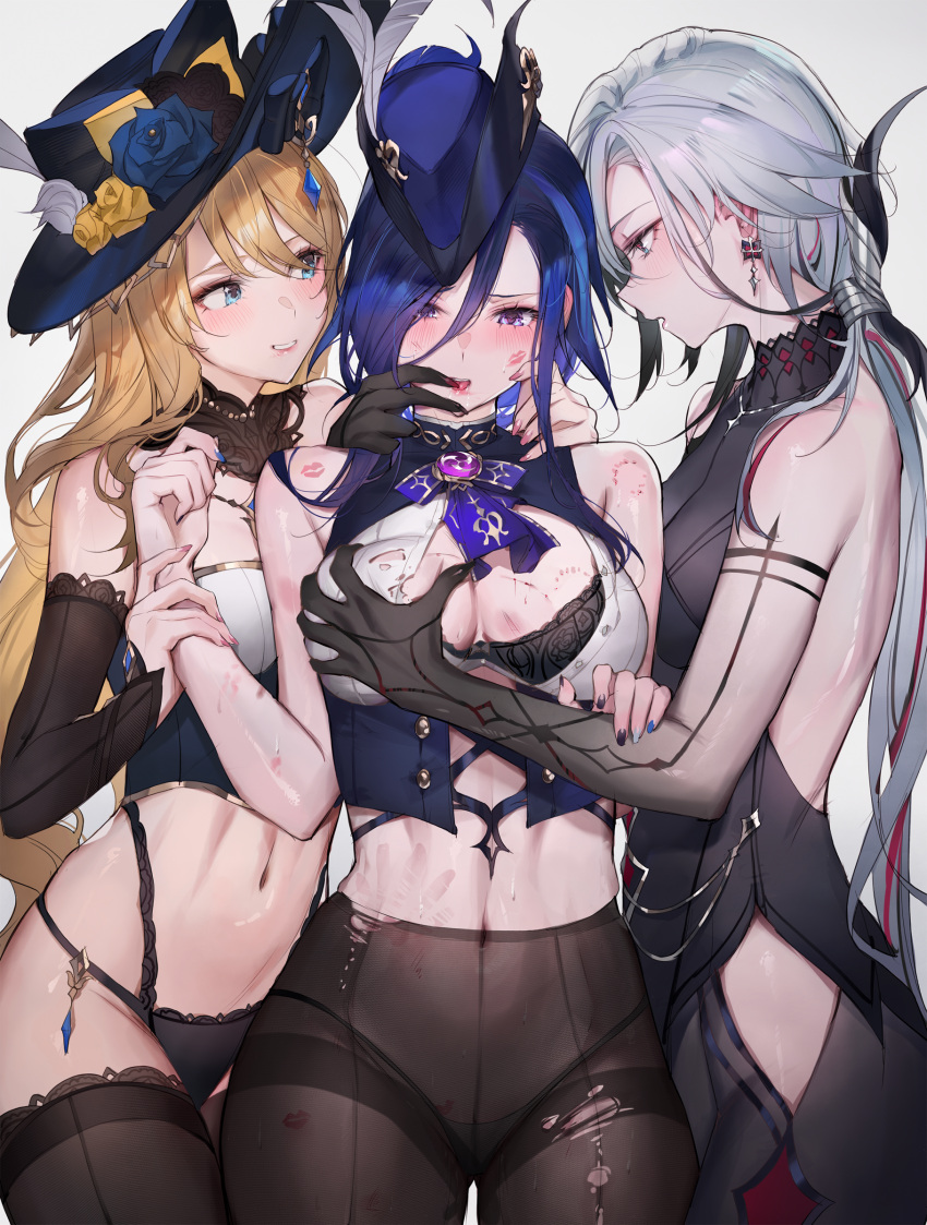 3girls absurdres arlecchino_(genshin_impact) bare_shoulders bite_mark bite_mark_on_breast bite_mark_on_shoulder black_gloves black_panties black_pantyhose blonde_hair blue_eyes blue_hair blue_headwear blush breasts bruise clorinde_(genshin_impact) cowboy_shot cuts drooling earrings finger_in_another's_mouth genshin_impact gloves grabbing grabbing_another's_breast grey_hair hat hickey highres holding_another's_wrist injury jewelry large_breasts lipstick_mark lipstick_mark_on_face lipstick_mark_on_shoulder long_hair looking_at_another multicolored_nails multiple_girls navel navia_(genshin_impact) open_mouth panties pantyhose parted_lips qiandaiyiyu revision saliva simple_background slap_mark smile stomach_slap_mark thighs tongue torn_clothes torn_pantyhose underwear vision_(genshin_impact) yuri