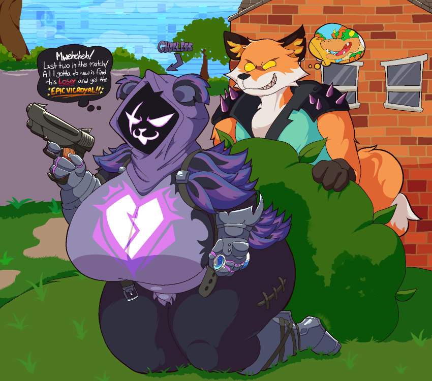 absurd_res anthro bear big_breasts black_body black_fur bowser breasts canid canine cheek_tuft clothed clothing dipstick_tail duo empty_eyes epic_games eye_scar facial_scar facial_tuft female fennix_(fortnite) fortnite fox fur gun hi_res holding_gun holding_object holding_weapon hotel_mario huge_breasts inner_ear_fluff kneeling male mammal mario_bros markings meme nintendo orange_body orange_fur purple_hood ranged_weapon raven_team_leader red_fox scar sharp_teeth smile spikes tail tail_markings teeth text thepinkjay5 thick_thighs thought_bubble tuft unaware weapon white_body white_eyes white_fur wide_hips yellow_eyes