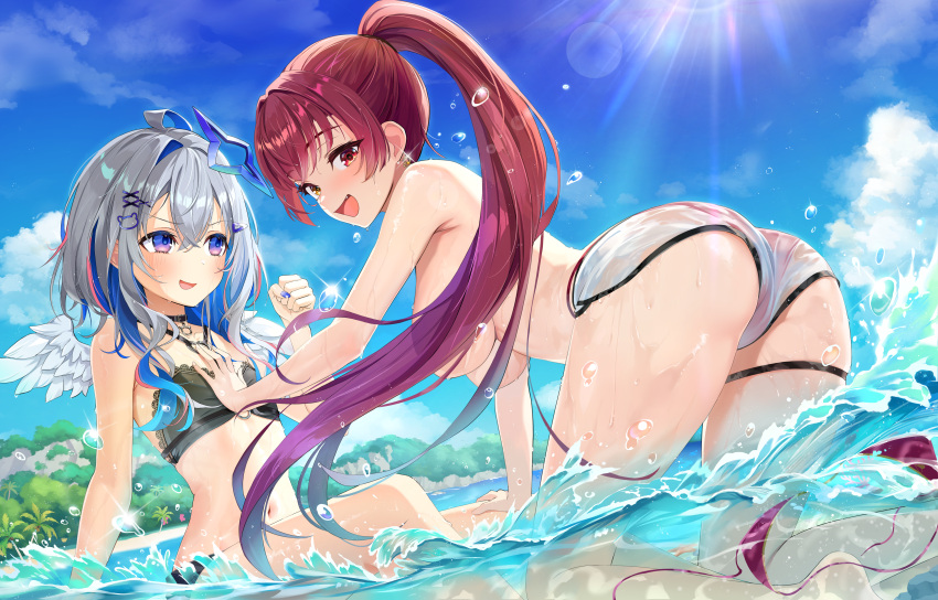 2girls :d absurdres all_fours amane_kanata angel_wings beach bikini_top_removed blue_sky breasts cloud day flat_chest floating_hair grabbing grabbing_another's_breast grey_hair heterochromia high_ponytail highres hololive houshou_marine houshou_marine_(4th_costume) large_breasts long_hair looking_at_another looking_at_viewer multicolored_hair multiple_girls ocean outdoors purple_eyes red_eyes red_hair sky smile streaked_hair sunlight thigh_strap thighs very_long_hair wardrobe_malfunction water wellsy wet wings yellow_eyes