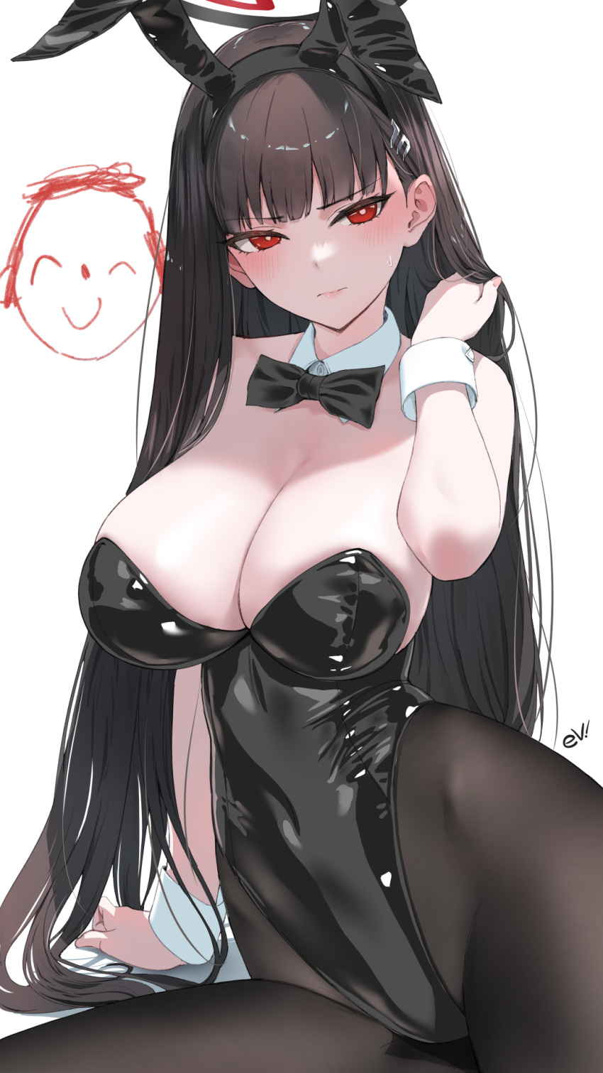 1girl alternate_costume animal_ears arona's_sensei_doodle_(blue_archive) artist_name black_bow black_bowtie black_hair black_leotard black_pantyhose blue_archive bow bowtie breasts cleavage detached_collar ev_(dai00888) fake_animal_ears halo highres large_breasts leotard long_hair looking_at_viewer pantyhose playboy_bunny rabbit_ears red_eyes rio_(blue_archive) sensei_(blue_archive) simple_background straight_hair strapless strapless_leotard very_long_hair white_background wrist_cuffs