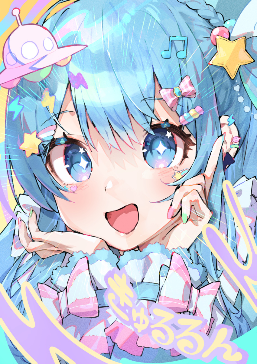 1girl absurdres blue_eyes blue_hair bow bowtie candy_hair_ornament commentary_request fingernails food-themed_hair_ornament green_nails hair_ornament heart highres hololive hoshimachi_suisei index_finger_raised kouhiipan lightning_bolt_hair_ornament lightning_bolt_symbol looking_at_viewer musical_note musical_note_hair_ornament open_mouth pink_nails solo star_(symbol) star_hair_ornament star_in_eye symbol_in_eye ufo virtual_youtuber