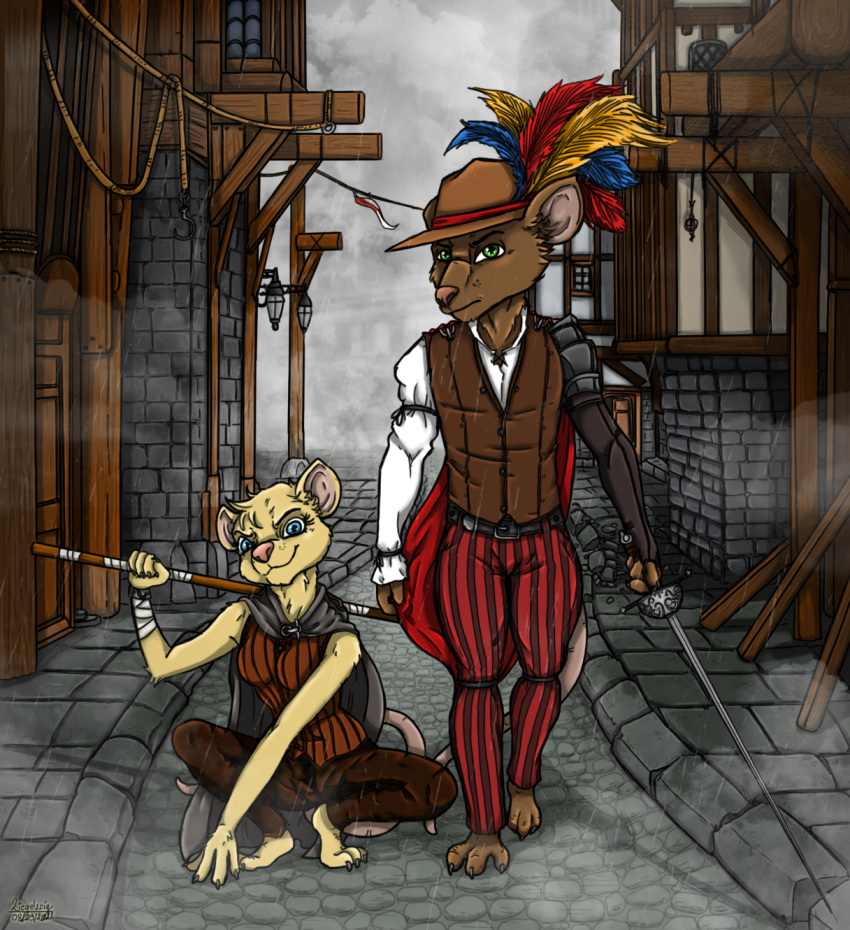 anthro blue_eyes brown_body brown_fur cape clothing duo fantasy female fog fur green_eyes hat headgear headwear hi_res male mammal medieval melee_weapon murid murine raining rat rodent skaven staff sword tan_body tan_fur warhammer_(franchise) weapon ziegelzeig