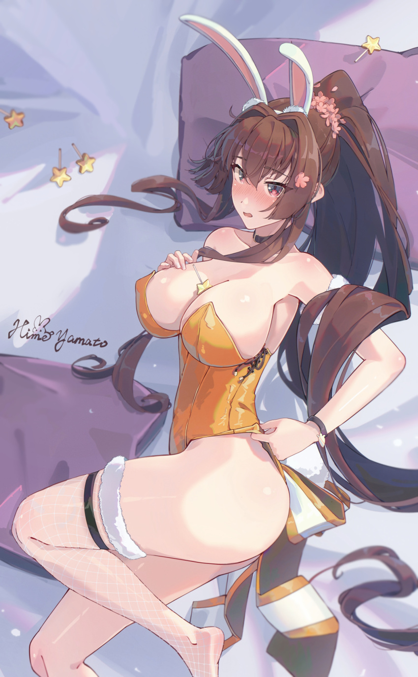 1girl absurdres animal_ears artist_name ass black_choker breasts brown_eyes brown_hair candy choker cleavage collarbone fake_animal_ears fishnet_thighhighs fishnets flower food hair_flower hair_ornament highres himeyamato kantai_collection large_breasts leotard lollipop long_hair orange_leotard pink_flower ponytail rabbit_ears signature single_thighhigh solo star_(symbol) strapless strapless_leotard thighhighs very_long_hair yamato_(kancolle)