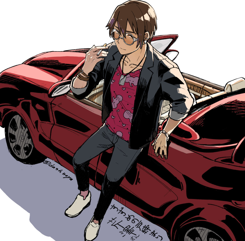 1boy brown_hair car commentary glasses highres male_focus motor_vehicle serizawa_tomoya short_hair smoke suzume_no_tojimari