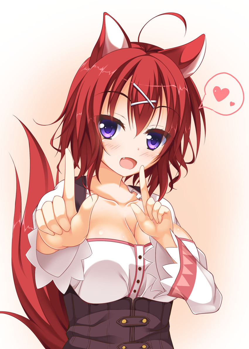 1girl :d ahoge amairo_islenauts animal_ears breasts brown_corset cleavage cleavage_cutout clothing_cutout collarbone commentary corset eyelashes fang foreshortening frilled_sleeves frills gradient_background hair_between_eyes hair_ornament hands_up happy heart highres index_fingers_raised koi_dance large_breasts light_brown_background long_sleeves looking_at_viewer masaki_gaillard medium_hair open_mouth purple_eyes red_hair red_tail shirt shrimp_3 simple_background smile solo spoken_heart tail tail_raised upper_body white_background white_shirt wolf_ears wolf_girl wolf_tail x_hair_ornament