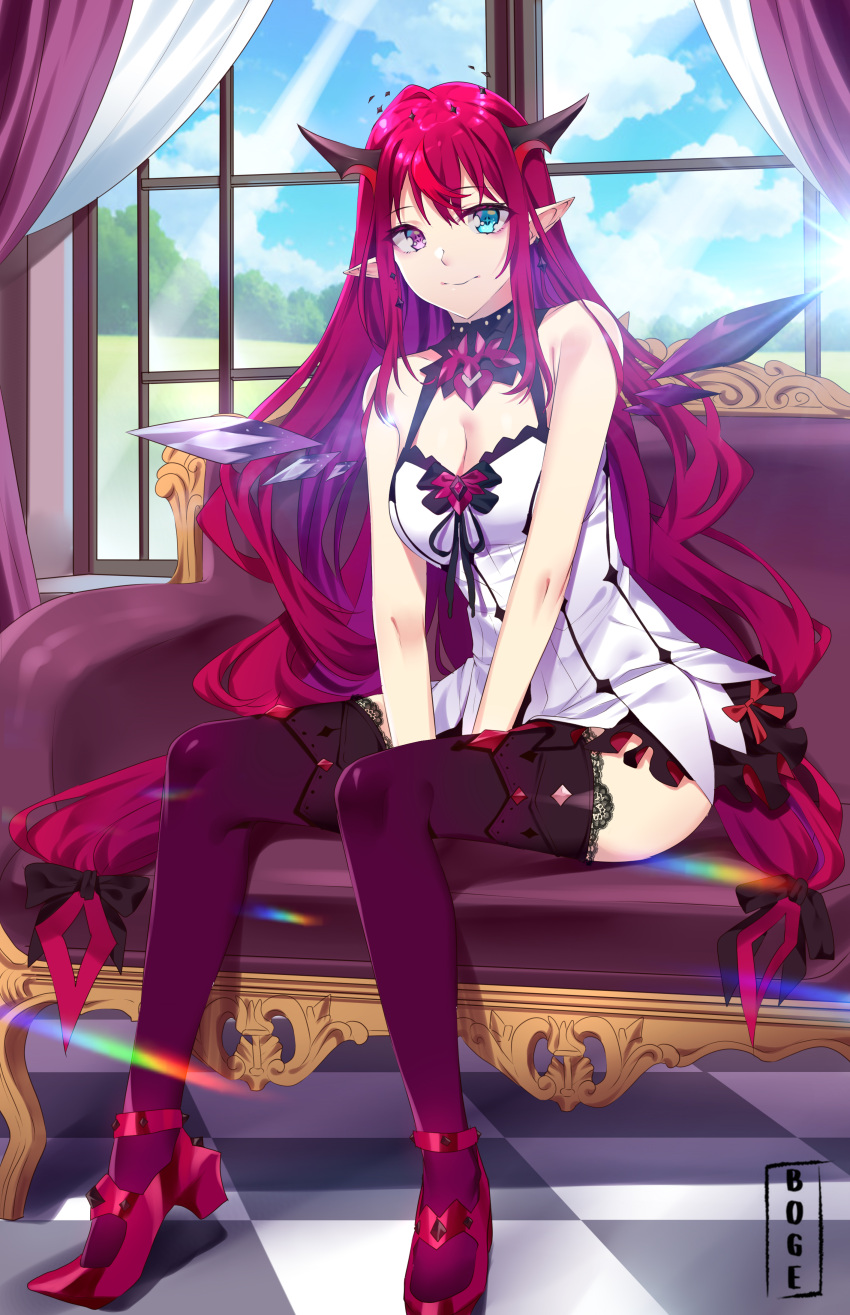 abiboge absurdres blue_eyes breasts detached_collar dress earrings halo heterochromia high_heels highres hololive hololive_english horns irys_(hololive) irys_(irys_2.0)_(hololive) jewelry long_hair multicolored_hair pointy_ears purple_hair red_eyes red_footwear red_hair shoes smile sunlight thighhighs wings