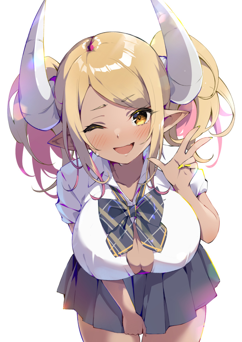 blonde_hair blush bow bowtie breasts button_gap cleavage colored_inner_hair dark-skinned_female dark_skin draph granblue_fantasy highres horns kumbhira_(granblue_fantasy) large_breasts long_hair miniskirt multicolored_hair one_eye_closed open_mouth pilokey pink_hair pleated_skirt pointy_ears school_uniform shirt simple_background skirt sleeves_rolled_up smile v white_background white_shirt yellow_eyes