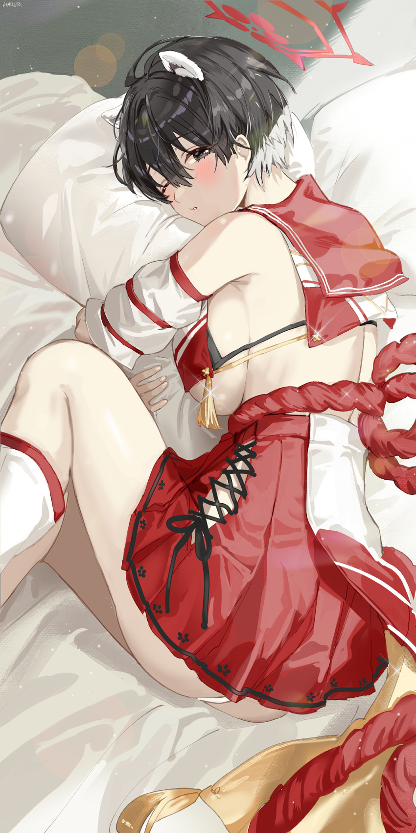 1girl ass bed_sheet black_eyes black_hair blue_archive breasts cross-laced_clothes cross-laced_skirt hair_between_eyes halo haruri highres large_breasts one_eye_closed parted_lips pleated_skirt red_halo red_skirt rope shimenawa short_hair skirt solo tagme tsubaki_(blue_archive)