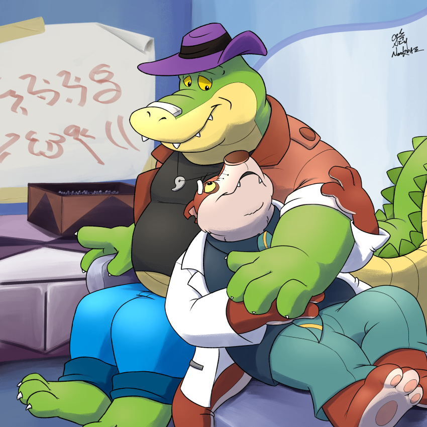 2023 absurd_res alligator alligatorid belly big_belly bottomwear brok_(character) brok_the_investigator clothing crocodilian detailed_background dr._mink duo feet green_body hat headgear headwear hi_res inside kemono male male/male mammal mink mustelid musteline necktie nookdae overweight overweight_male pants reptile scalie shirt sitting text topwear translated true_musteline