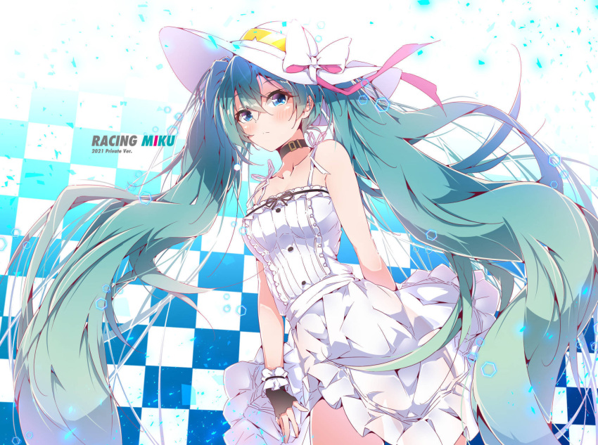 1girl aqua_eyes aqua_hair black_choker black_gloves blush choker closed_mouth collarbone commentary dress fingerless_gloves gloves goodsmile_racing halkawa501 hat hatsune_miku highres long_hair looking_at_viewer racing_miku racing_miku_(2021) solo twintails very_long_hair vocaloid white_dress white_headwear