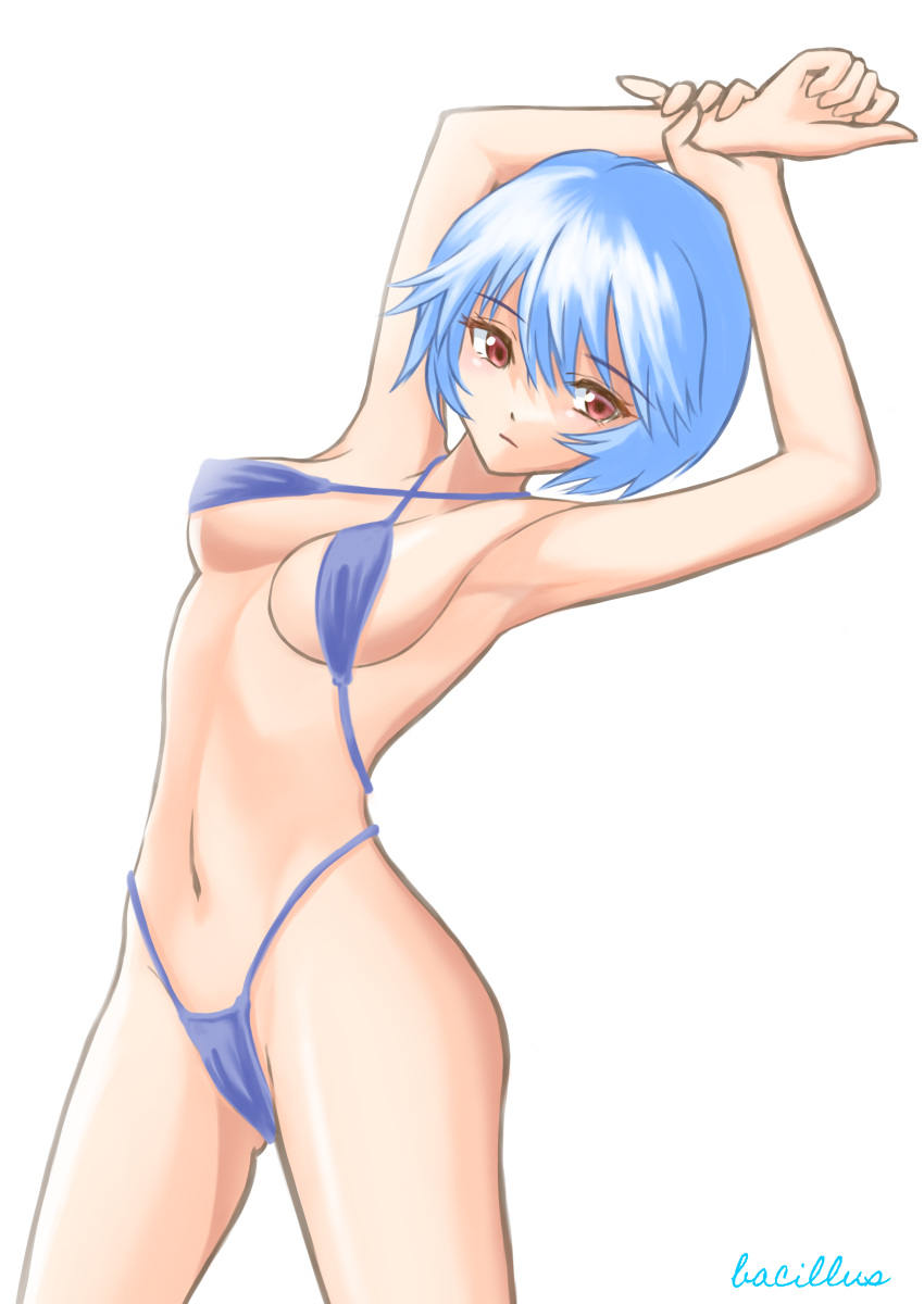 1girl absurdres armpits arms_up artist_name ass ayanami_rei bacillus bikini blue_hair breasts closed_mouth cowboy_shot criss-cross_halter curled_fingers expressionless halterneck hand_on_own_wrist highleg highleg_bikini highres leaning_back looking_at_viewer medium_breasts navel neon_genesis_evangelion paid_reward_available purple_bikini red_eyes short_hair sideboob signature simple_background solo standing stretching swimsuit underboob white_background