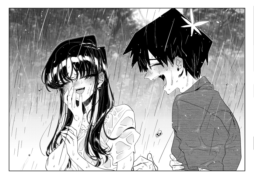 1boy 1girl absurdres black_hair closed_eyes happy highres komi-san_wa_komyushou_desu komi_shouko long_hair monochrome oda_tomohito open_mouth rain smile tadano_hitohito teeth tongue wet