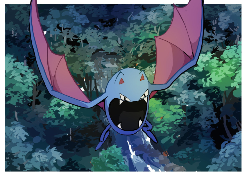 border commentary_request fangs flying forest from_above golbat hazikamiio highres nature night no_humans open_mouth outdoors pokemon pokemon_(creature) solo tree water white_border