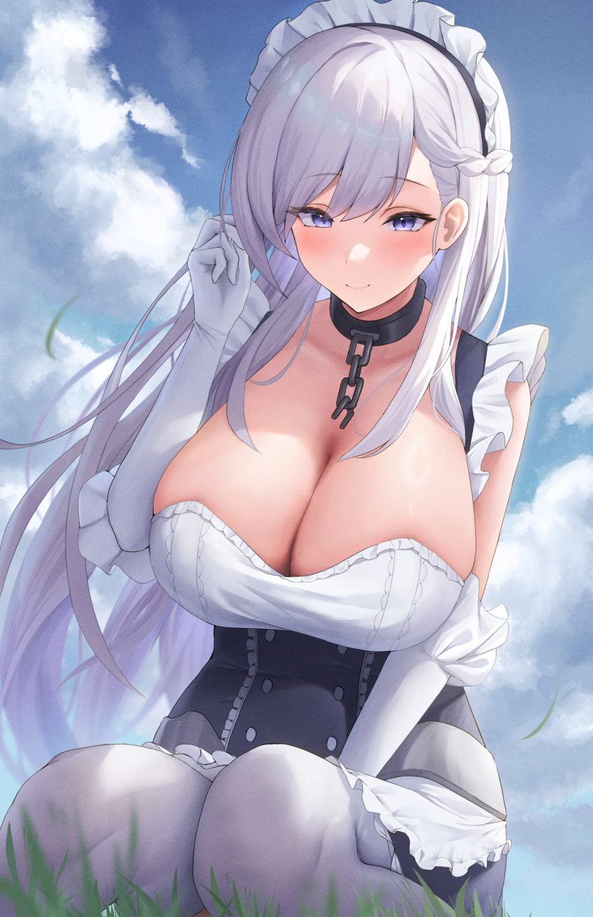 1girl apron azur_lane belfast_(azur_lane) black_collar blue_sky braid breasts chain closed_mouth cloud collar day elbow_gloves frills futon_fly_away gloves hand_up highres kneeling large_breasts long_hair maid_apron maid_headdress outdoors pantyhose purple_eyes seiza sitting sky smile solo very_long_hair white_gloves white_hair white_pantyhose