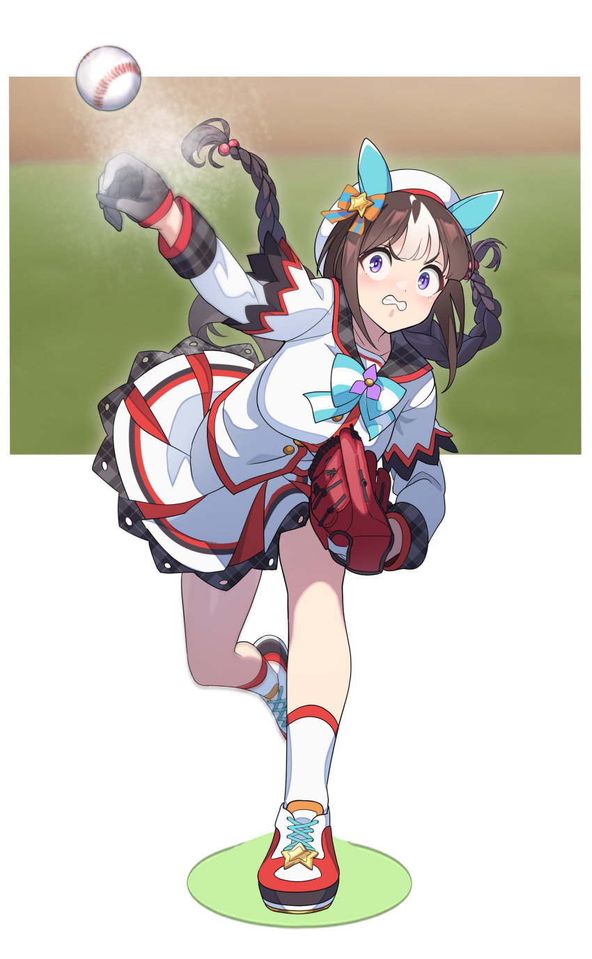 1girl absurdres animal_ears asymmetrical_gloves baseball baseball_mitt beret black_gloves blue_bow blue_bowtie bow bowtie braid breasts brown_hair buttons chalk commentary ear_covers floating_hair flower foot_up full_body gloves grimace hair_bobbles hair_bow hair_ornament hat highres hokko_tarumae_(umamusume) horse_ears horse_girl horse_tail jacket large_breasts layered_skirt layered_sleeves long_hair long_sleeves looking_at_viewer mismatched_gloves multicolored_hair neck_flower nishiki_kazue orange_bow pitching purple_eyes purple_flower red_skirt shirt shoes short_over_long_sleeves short_sleeves skirt sleeve_cuffs sneakers solo standing standing_on_one_leg star_(symbol) star_hair_ornament streaked_hair tail twin_braids two-tone_bow two-tone_bowtie umamusume v-shaped_eyebrows white_bow white_bowtie white_gloves white_headwear white_jacket white_shirt white_skirt wide-eyed