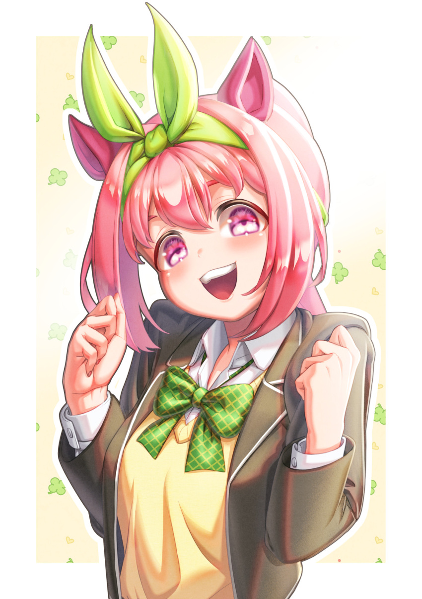 1girl :d animal_ears blazer bow clenched_hand clover cosplay creape go-toubun_no_hanayome green_bow hair_bow haru_urara_(umamusume) highres horse_ears jacket nakano_yotsuba nakano_yotsuba_(cosplay) pink_eyes pink_hair smile sweater_vest umamusume upper_body yellow_sweater_vest