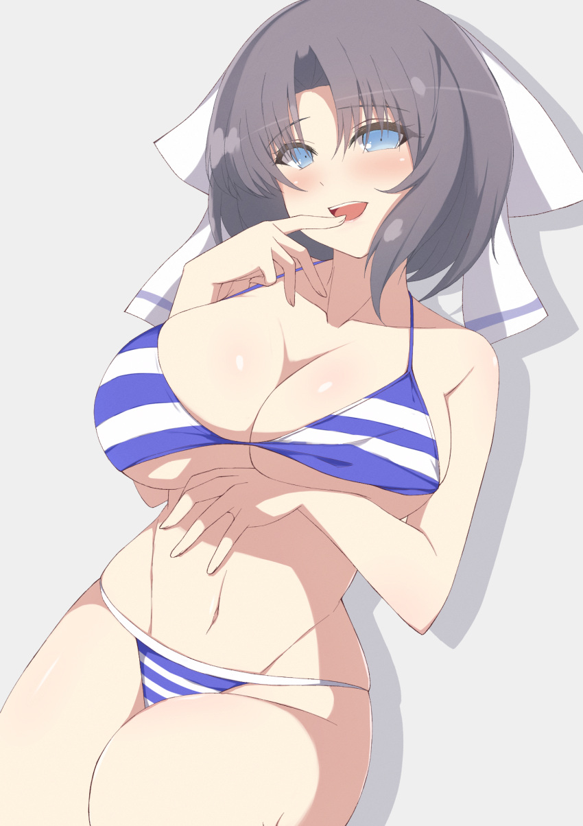 1girl bare_shoulders bikini black_hair blue_eyes breasts chimunge hand_under_clothes hand_under_swimsuit highres large_breasts looking_at_viewer navel open_mouth senran_kagura senran_kagura_estival_versus senran_kagura_shinovi_versus short_hair smile solo swimsuit yumi_(senran_kagura)