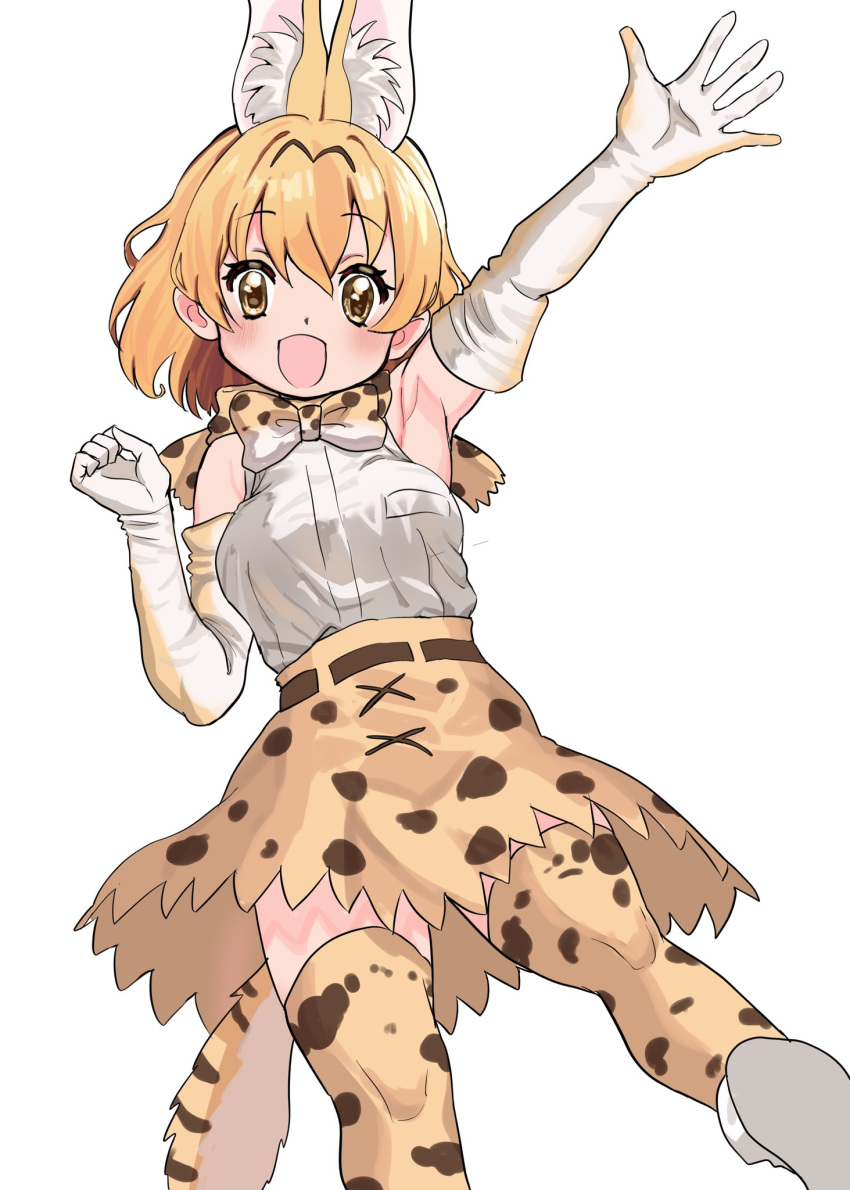 animal_ears bare_shoulders blonde_hair bow bowtie cat_ears cat_girl cat_tail elbow_gloves extra_ears gloves hair_between_eyes high-waist_skirt highres houkokukokui kemono_friends looking_at_viewer open_mouth print_bow print_bowtie print_gloves print_skirt print_thighhighs serval_(kemono_friends) serval_print shirt short_hair skirt sleeveless smile tail thighhighs waving white_shirt yellow_eyes zettai_ryouiki