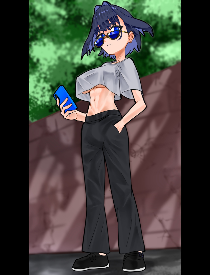 1girl absurdres blue_eyes blue_hair breasts cellphone covered_nipples hair_intakes hand_in_pocket highres hololive hololive_english koizumi_arata midriff multicolored_hair navel ouro_kronii pants phone shirt short_hair smartphone solo sunglasses tree underboob virtual_youtuber wall