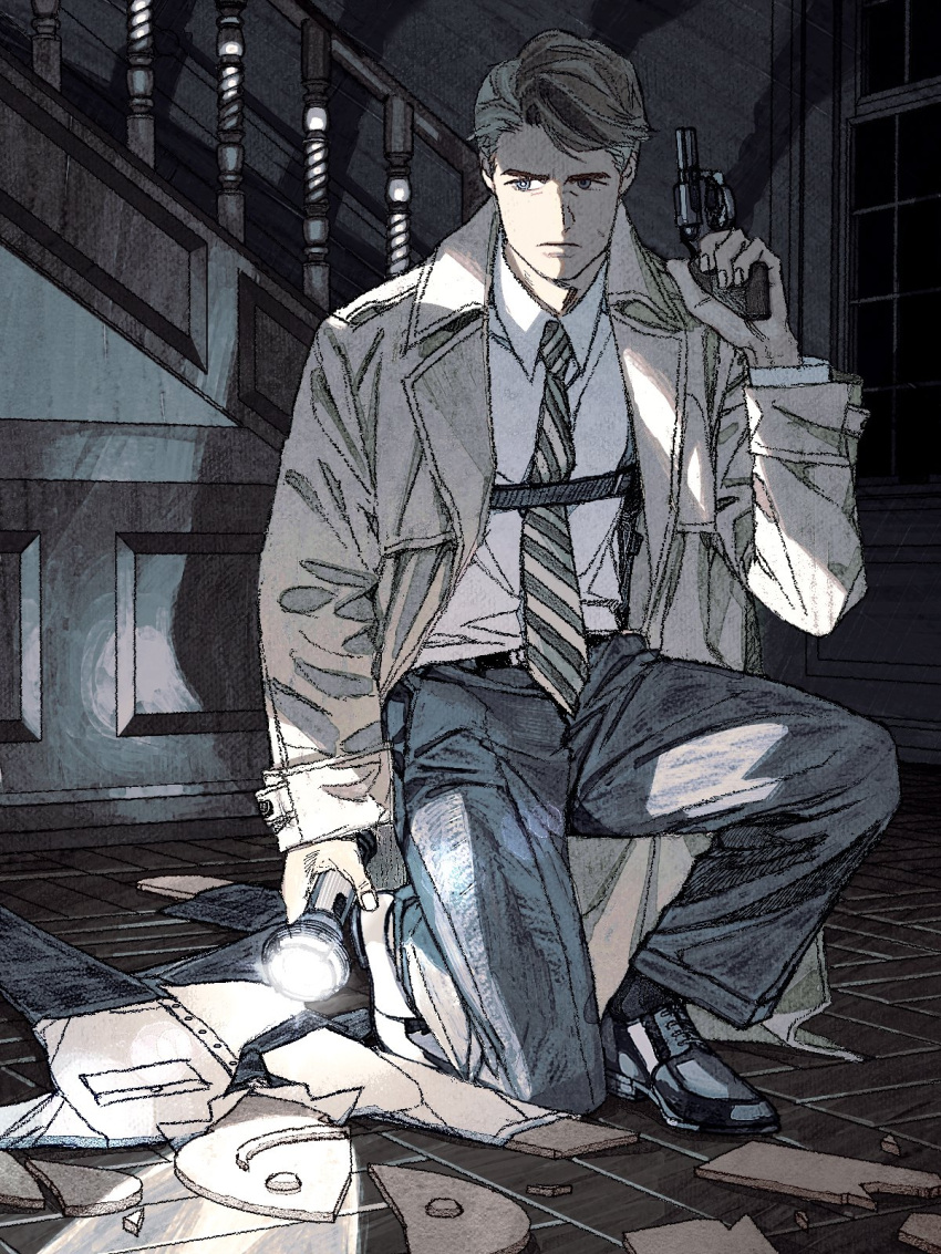 1boy bright_pupils broken brown_coat chest_belt closed_mouth coat collared_coat collared_shirt dark_background detective flashlight full_body grey_hair grey_pants gun hand_up highres holding holding_flashlight holding_gun holding_weapon indoors jaddddan looking_to_the_side male_focus necktie on_one_knee original pants revolver shirt short_hair solo striped_necktie trench_coat very_short_hair weapon white_shirt