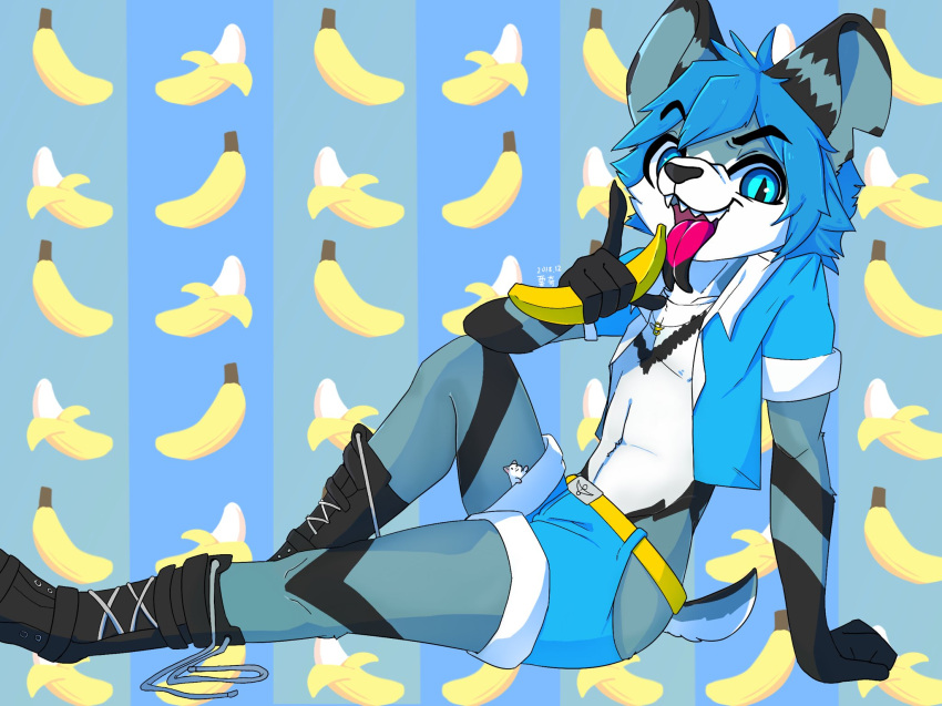 2018 akiya_kamikawa_(character) anthro arm_support banana banana_pattern belt black_boots black_clothing black_footwear black_nose black_stripes blue_clothing blue_eyes blue_hair blue_shirt blue_topwear boots bottomwear clothed clothing cricetid duo extreme_size_difference feral food food_background footwear forked_tongue fruit fully_clothed hair hamster hi_res holding_banana jewelry larger_anthro looking_at_viewer male mammal micro mouse multicolored_tongue murid murine necklace notched_ear open_clothing open_mouth open_shirt open_smile open_topwear pattern_background plant portrait pose pupils ricky945 rodent sharp_teeth shirt shorts side_view simple_background sitting size_difference slit_pupils smaller_feral smile solo_focus striped_background stripes teeth tongue tongue_out topwear two_tone_tongue