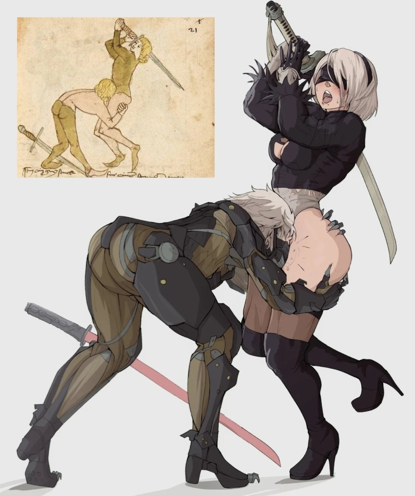 1boy 1girl 2b_(nier:automata) ass ass_grab black_blindfold black_hairband blindfold bodysuit boots breasts clothing_cutout commentary covered_eyes crossover cyborg english_commentary feather-trimmed_sleeves feather_trim full_body grey_background hairband head_between_thighs high_heel_boots high_heels highres holding holding_weapon leaning_forward leotard long_sleeves metal_gear_(series) metal_gear_rising:_revengeance mole mole_under_mouth nier:automata nier_(series) raiden_(metal_gear) reference_inset short_hair simple_background sneaking_suit standing thighhighs thighhighs_under_boots thighs virtuous_contract weapon white_hair white_leotard yoracrab