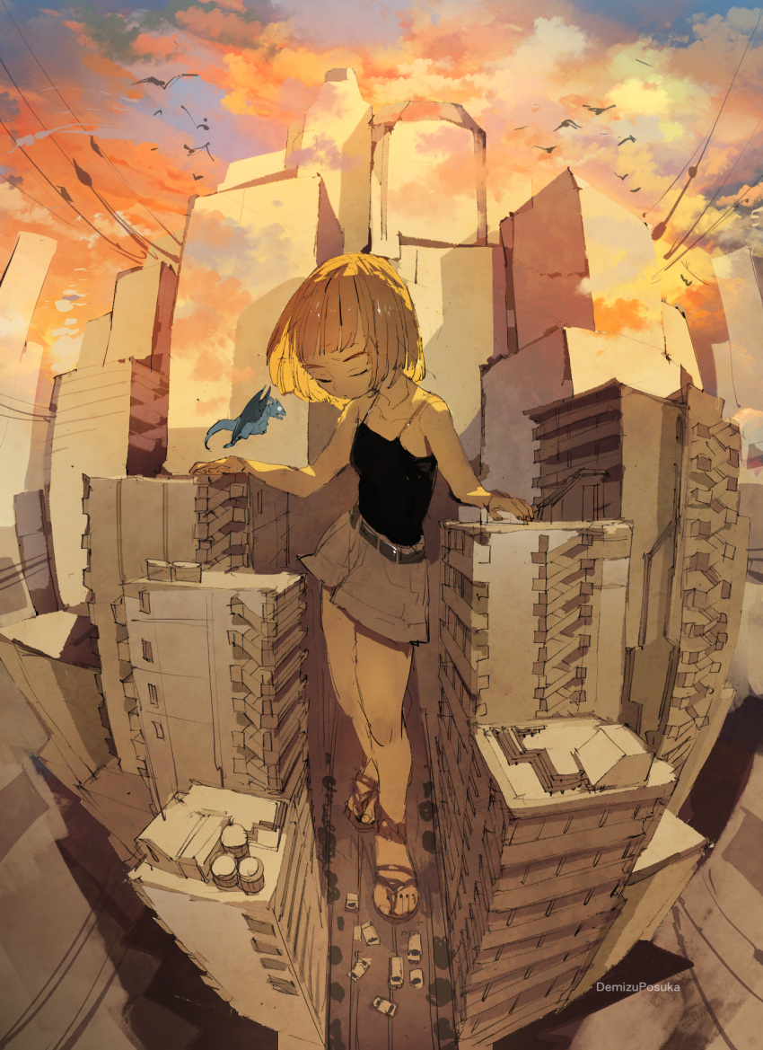 1girl arm_rest artist_name bare_shoulders belt black_tank_top bob_cut breasts brown_hair buckle building car cityscape closed_eyes collarbone demizu_posuka dot_mouth dusk evening giant giantess grey_shorts highres motor_vehicle original outdoors shirt short_hair shorts skyscraper sleeveless sleeveless_shirt small_breasts solo tank_top thighs walking