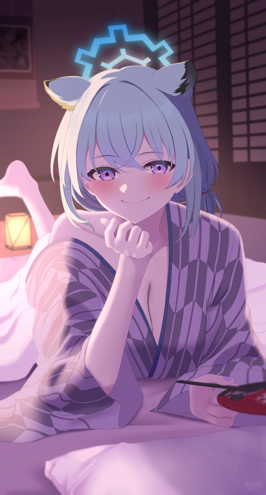 1girl animal_ears aqua_hair architecture bath_yukata bed_sheet blue_archive blue_hair blush breasts cleavage closed_mouth collarbone commentary_request crossed_bangs double-parted_bangs east_asian_architecture floor_lamp futon grey_kimono hair_between_eyes hair_intakes hand_fan highres holding holding_fan indoors japanese_clothes kimono leg_up looking_at_viewer low_ponytail lying official_alternate_costume official_alternate_hairstyle on_stomach paper_fan purple_eyes shigure_(blue_archive) shigure_(hot_spring)_(blue_archive) short_hair short_ponytail shouji sliding_doors smile solo uchiwa weasel_ears weasel_girl wide_sleeves yoshiki_3821 yukata