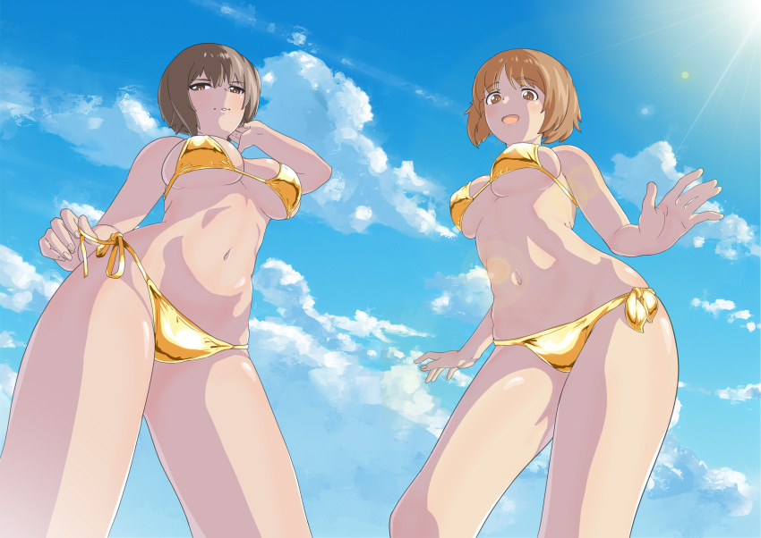 2girls absurdres bikini blue_sky breasts brown_eyes brown_hair closed_mouth cloud cloudy_sky commentary cowboy_shot day english_commentary girls_und_panzer gold_bikini half-closed_eyes hand_in_own_hair highres huaronanago lens_flare looking_at_viewer medium_breasts mixed-language_commentary multiple_girls navel nishizumi_maho nishizumi_miho open_mouth outdoors short_hair siblings side-tie_bikini_bottom sisters sky smile standing string_bikini sunlight swimsuit untying