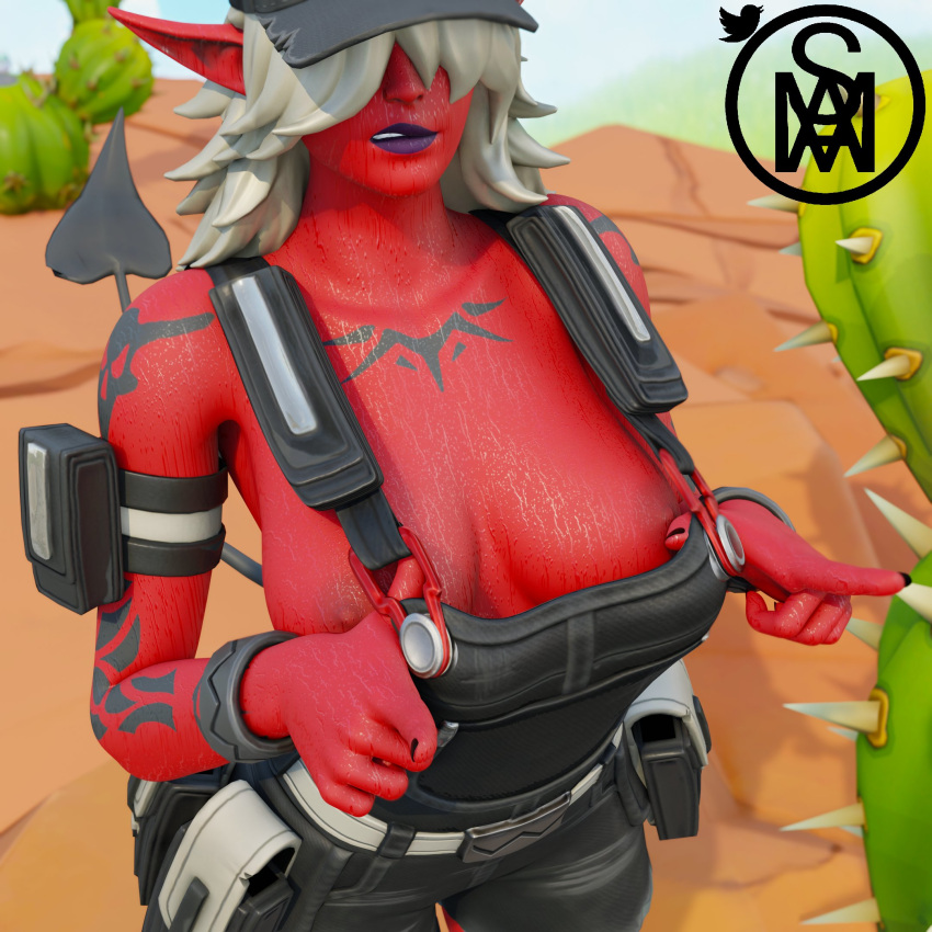 1girl black_nails demon_girl demon_tail desdemona_(fortnite) fortnite highres long_hair middlemansfm overalls purple_lips tail tattoo wet white_hair