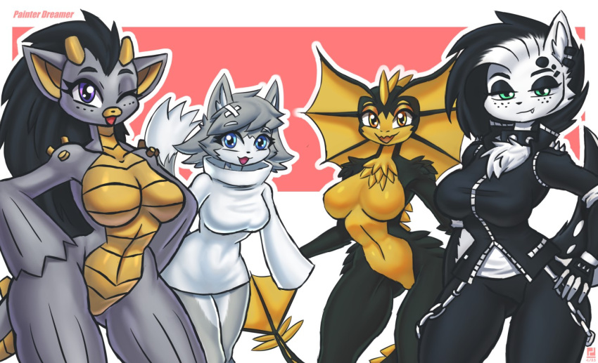 2023 anthro black_hair breasts canid canine canis clothed clothing dragon female fingers fully_clothed fur group hair hand_on_hip mammal nude one_eye_closed painterdreamer pose scalie topwear white_body white_clothing white_ears white_fur white_topwear wink wolf yellow_breasts