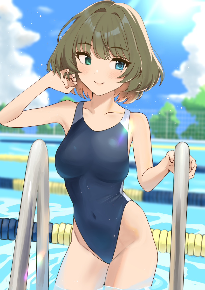 1girl absurdres bare_shoulders breasts collarbone competition_swimsuit covered_navel etsutsuni green_hair heterochromia highres holding_own_hair idolmaster idolmaster_cinderella_girls medium_breasts mole mole_under_eye one-piece_swimsuit partially_submerged pool_ladder poolside short_hair solo swimsuit takagaki_kaede thighs