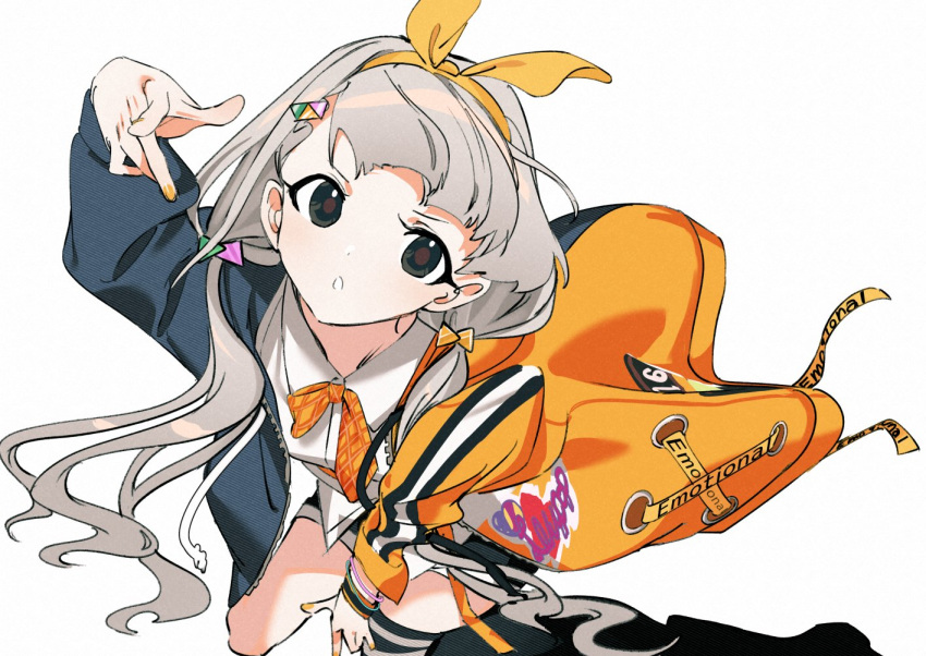 1girl arm_up black_shorts black_thighhighs blush bow bowtie braid braided_bangs breasts brown_eyes cropped_legs dot_nose from_above grey_hair hair_bow hair_ornament hairband hisakawa_nagi idolmaster idolmaster_cinderella_girls idolmaster_cinderella_girls_starlight_stage jacket long_hair long_sleeves looking_at_viewer low_twintails multicolored_clothes multicolored_jacket multiple_bracelets nail_polish open_clothes open_jacket open_mouth orange_bow orange_bowtie orange_nails orange_ribbon ribbon shadow shirt shorts simple_background single_thighhigh small_breasts solo striped striped_thighhighs thighhighs twintails two-tone_jacket two-tone_ribbon very_long_hair white_background white_shirt wwwrkgk yellow_hairband zipper