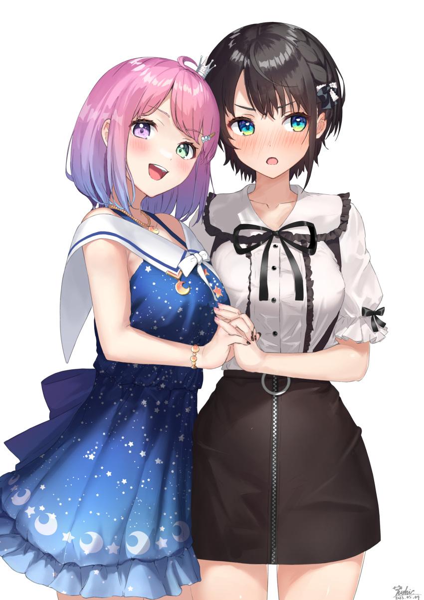 2girls absurdres ahoge back_bow black_hair black_nails black_ribbon black_skirt blue_bow blue_dress blue_eyes blush bow bracelet breasts buttons commentary cowboy_shot crescent_necklace crown dated dress fingernails frilled_dress frilled_shirt frills gradient_hair green_eyes hair_ornament hair_ribbon hairclip heterochromia highres himemori_luna himemori_luna_(4th_costume) holding_hands hololive jewelry looking_at_viewer looking_away looking_to_the_side medium_breasts medium_hair mini_crown multicolored_hair multiple_girls nail_polish nanaushi necklace oozora_subaru open_mouth pink_hair pink_nails print_dress purple_eyes purple_hair ribbon shirt short_hair short_sleeves signature simple_background skirt sleeveless sleeveless_dress star_(symbol) star_print swept_bangs teeth upper_teeth_only virtual_youtuber white_background white_ribbon white_shirt zipper_pull_tab