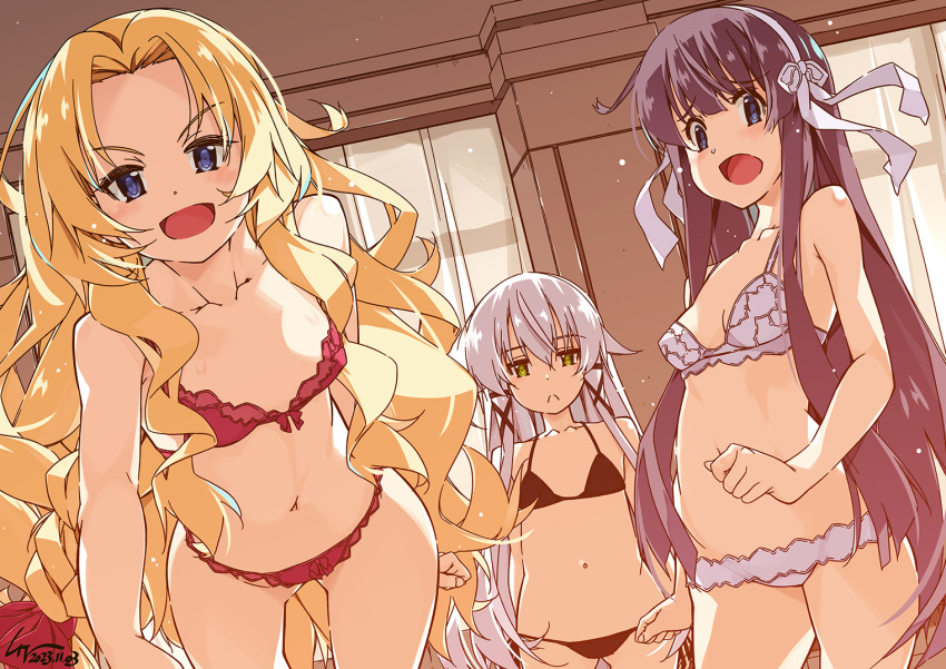 3girls alfin_reise_arnor altina_orion bare_shoulders black_bra black_hair black_panties blonde_hair blue_eyes blunt_bangs bra breasts commentary_request curtained_hair curtains dated double-parted_bangs eiyuu_densetsu elise_schwarzer embarrassed green_eyes hair_between_eyes hairband hime_cut indoors long_hair looking_at_viewer medium_breasts multiple_girls navel open_mouth panties red_bra red_panties sen_no_kiseki shikei sidelocks signature small_breasts underwear white_bra white_hair white_hairband white_panties window