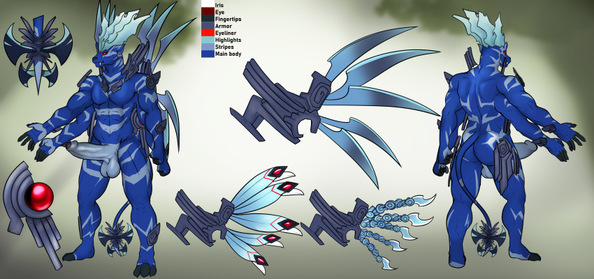3_toes 4_arms 5_fingers abs absurd_res anthro armor balls big_penis blade blue_nose butt disney eyeliner fangs feathered_wings feathers feet felid fingers franubis front_view gem genitals hi_res humanoid_genitalia humanoid_penis leopard makeup male mammal markings model_sheet multi_arm multi_limb pantherine penis rear_view red_eyes rydrake spectrobes tail tail_blade teeth toes weapon_tail wings