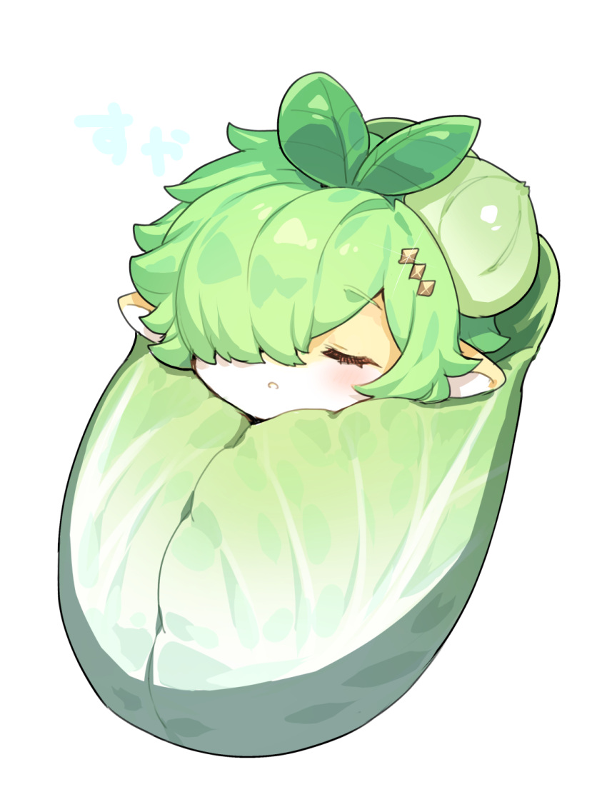 cabbage colored_skin green_hair highres leaf napa_cabbage original parted_lips pointy_ears short_hair yadayada yellow_skin