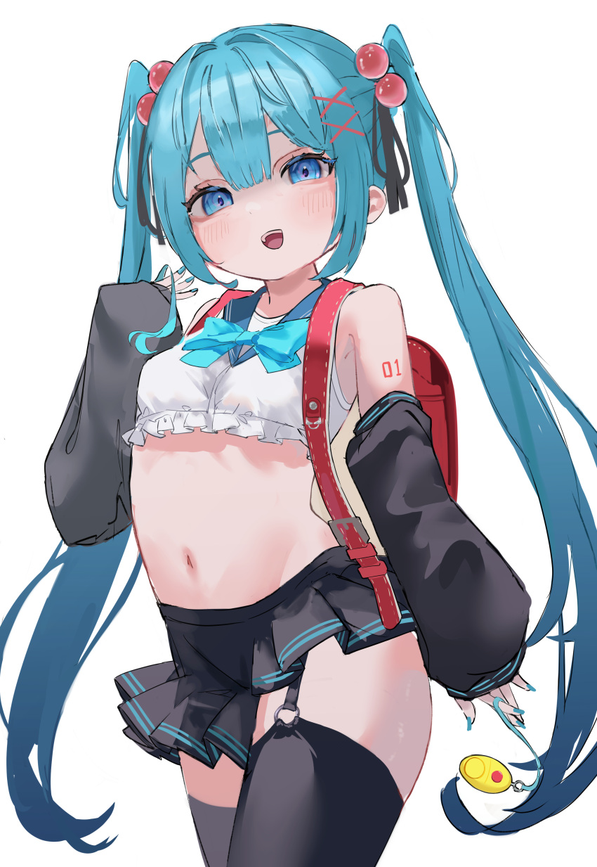 1girl absurdres aqua_bow aqua_bowtie aqua_hair aqua_nails backpack bag bare_shoulders black_thighhighs blue_eyes blush bow bowtie breasts commentary_request cowboy_shot crime_prevention_buzzer crop_top detached_sleeves garter_straps hair_bobbles hair_ornament hatsune_miku highres long_hair looking_at_viewer miniskirt navel open_mouth pleated_skirt randoseru red_bag rerendi sailor_collar shirt simple_background skirt sleeves_past_wrists small_breasts solo thighhighs twintails very_long_hair vocaloid white_background white_shirt x_hair_ornament