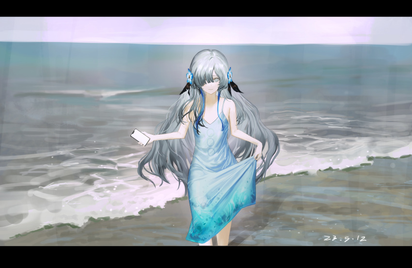 1girl absurdres alternate_costume bare_shoulders blue_dress blue_flower blue_hair blunt_bangs cellphone closed_mouth commentary_request dated day dress flower grey_eyes grey_hair hair_flower hair_ornament hair_over_one_eye highres holding holding_phone isekai_joucho kamitsubaki_studio letterboxed long_hair looking_at_viewer multicolored_hair ocean one_eye_covered outdoors phone purple_sky raised_eyebrows rklslred2578 sand shadow skirt_hold sky sleeveless sleeveless_dress smartphone smile solo spaghetti_strap streaked_hair very_long_hair virtual_youtuber w_arms waves wavy_hair